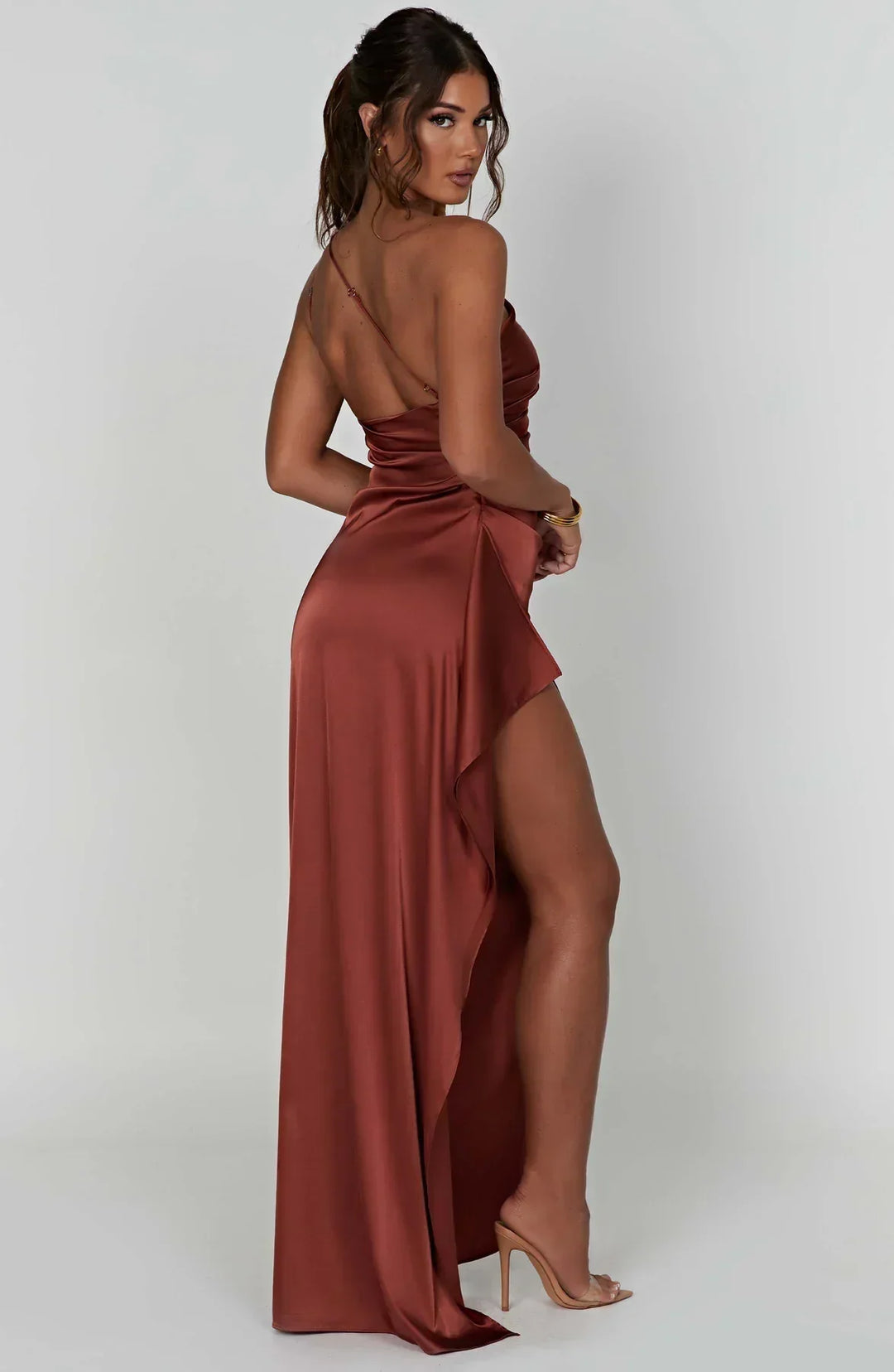 Laura | Women's One-Shoulder Pleated Satin Dress with Slit