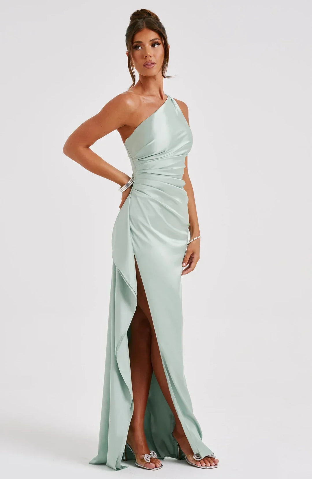 Laura | Women's One-Shoulder Pleated Satin Dress with Slit