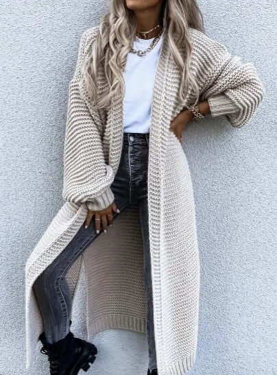 Sidonia | Women's Long Chunky Knit Cardigan Side Slits Open Front