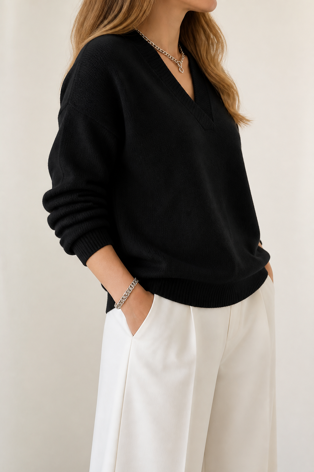 Elisa | Women's V-Neck Ribbed Stretch Knit Jumper Relaxed Fit