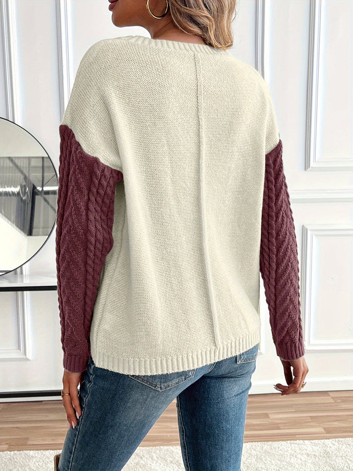 Delia | Women's Two-Tone Cable Knit Jumper Crew Neck Front Pocket