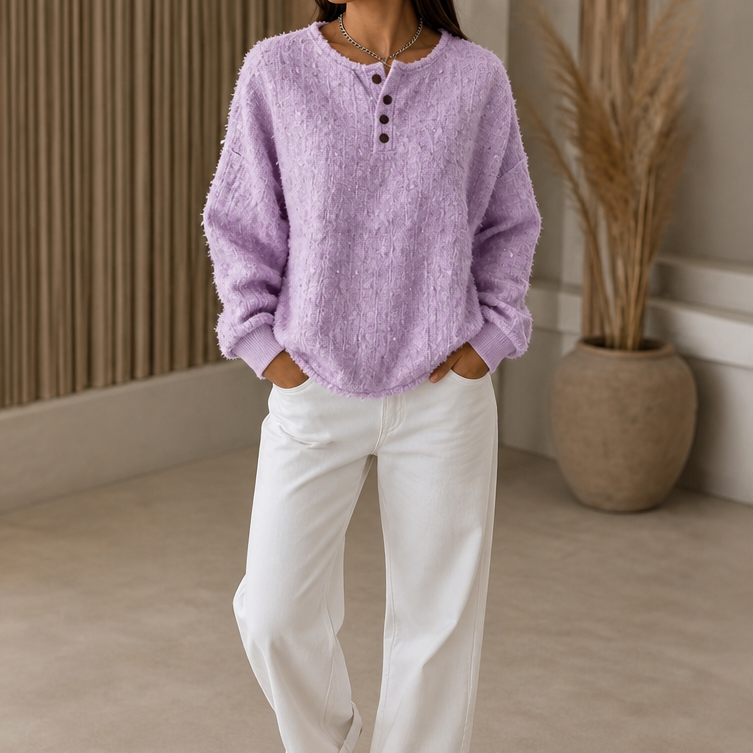 Mila | Women's Chunky Knit Henley Jumper Marl Texture Dropped Shoulder