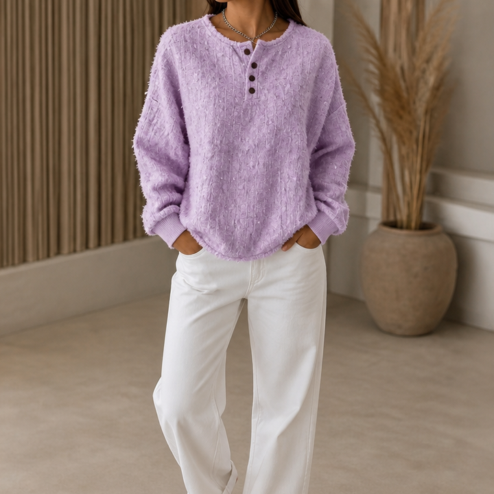 Mila | Women's Chunky Knit Henley Jumper Marl Texture Dropped Shoulder