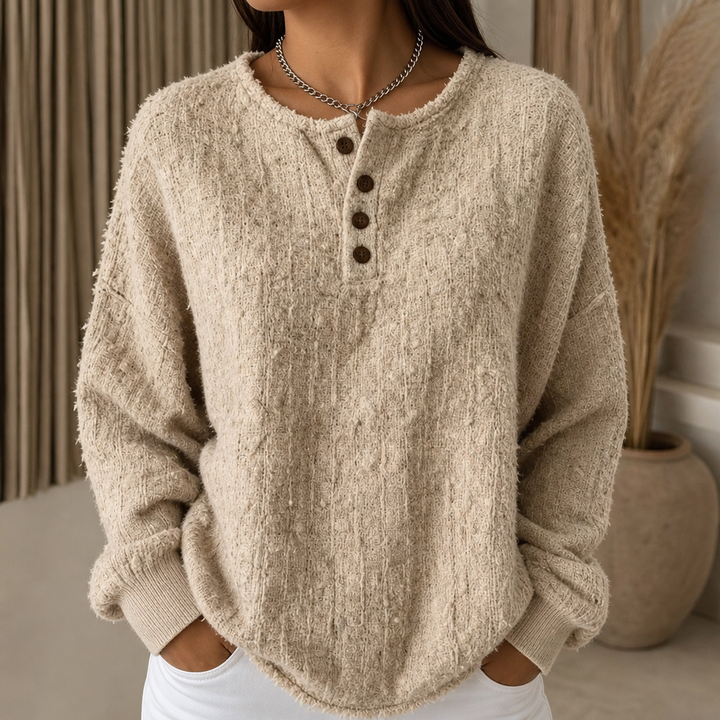 Mila | Women's Chunky Knit Henley Jumper Marl Texture Dropped Shoulder