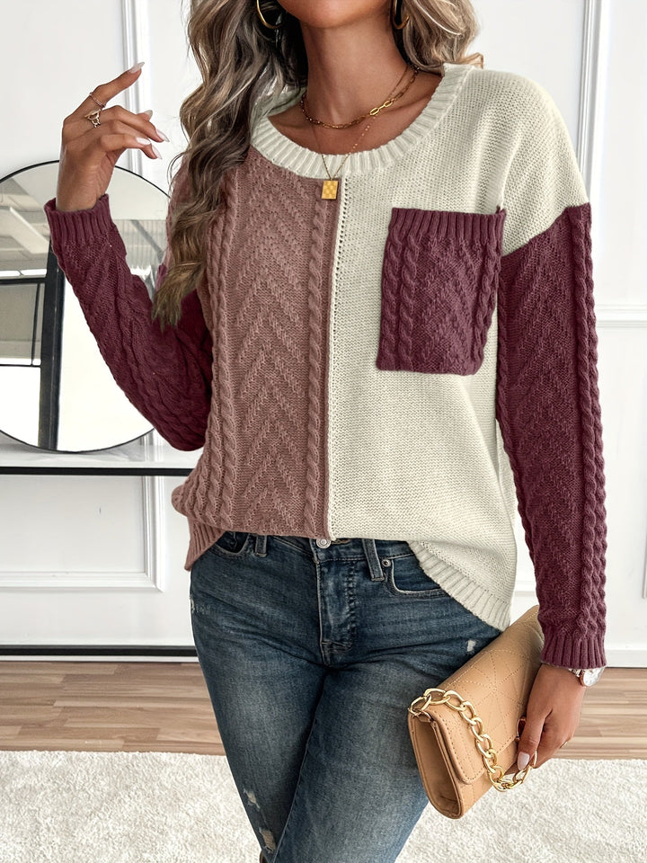 Delia | Women's Two-Tone Cable Knit Jumper Crew Neck Front Pocket