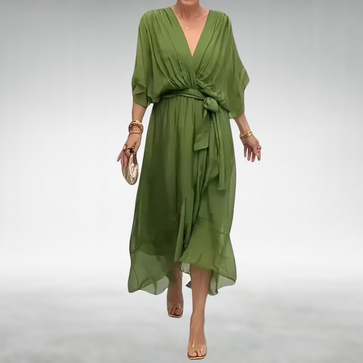 Nell | Women's Wrap Maxi Dress V-Neck Wide Sleeves Asymmetric Hem