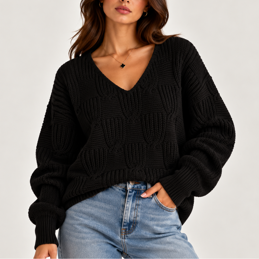 Abigail | Women's Oversized Cable Knit V-Neck Jumper Ribbed Cuffs