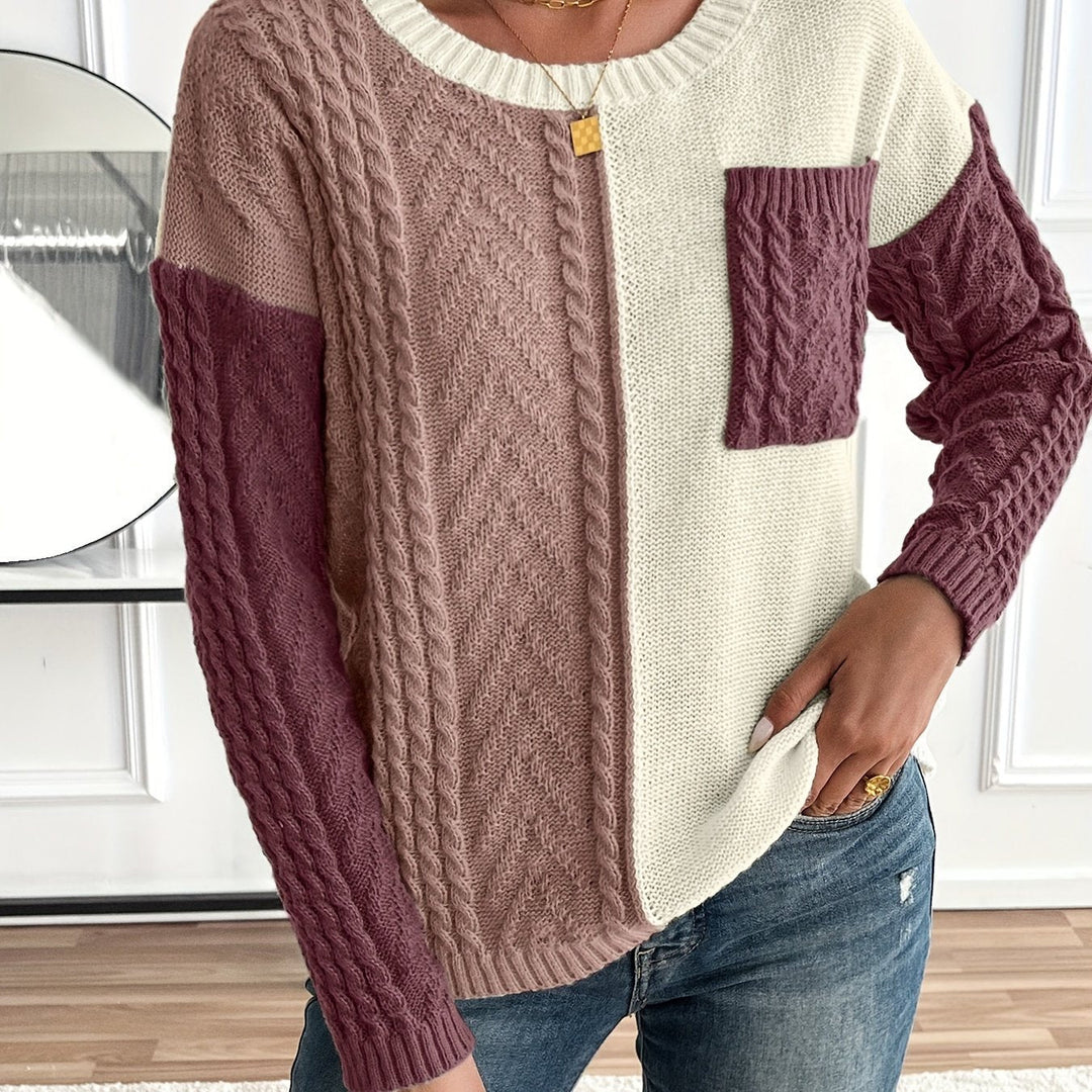 Delia | Women's Two-Tone Cable Knit Jumper Crew Neck Front Pocket