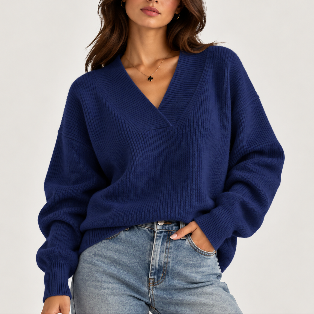 Leah | Women's Oversized Deep V-Neck Knitted Jumper Ribbed Trim