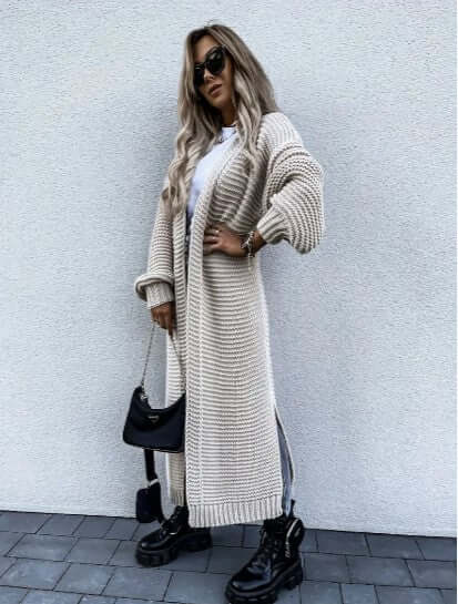 Sidonia | Women's Long Chunky Knit Cardigan Side Slits Open Front