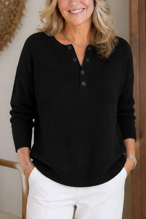 Vanessa | Women's Cotton V-Neck Jumper Button Detail Ribbed Trims