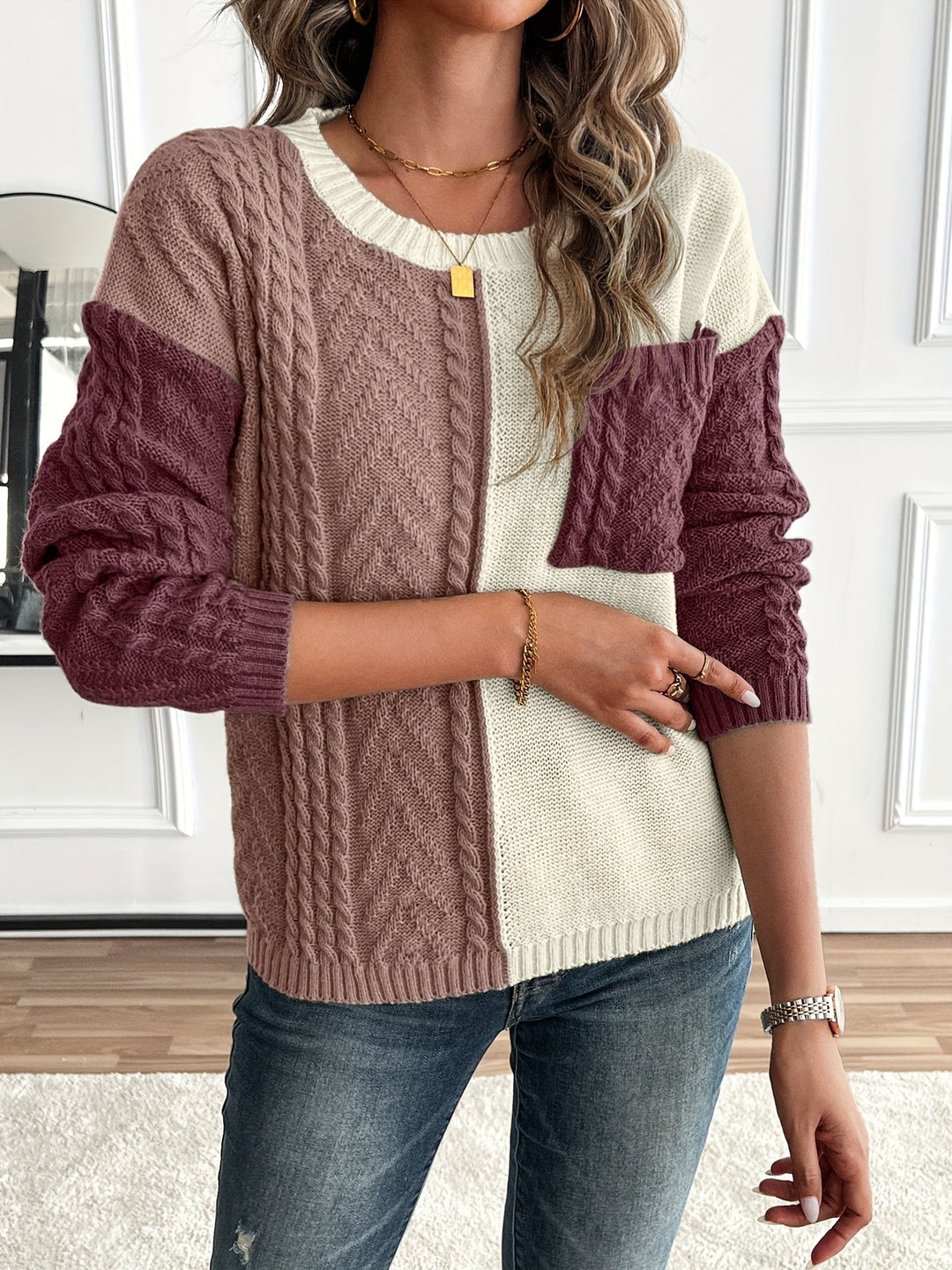 Delia | Women's Two-Tone Cable Knit Jumper Crew Neck Front Pocket