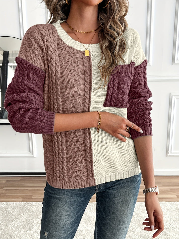 Delia | Women's Two-Tone Cable Knit Jumper Crew Neck Front Pocket