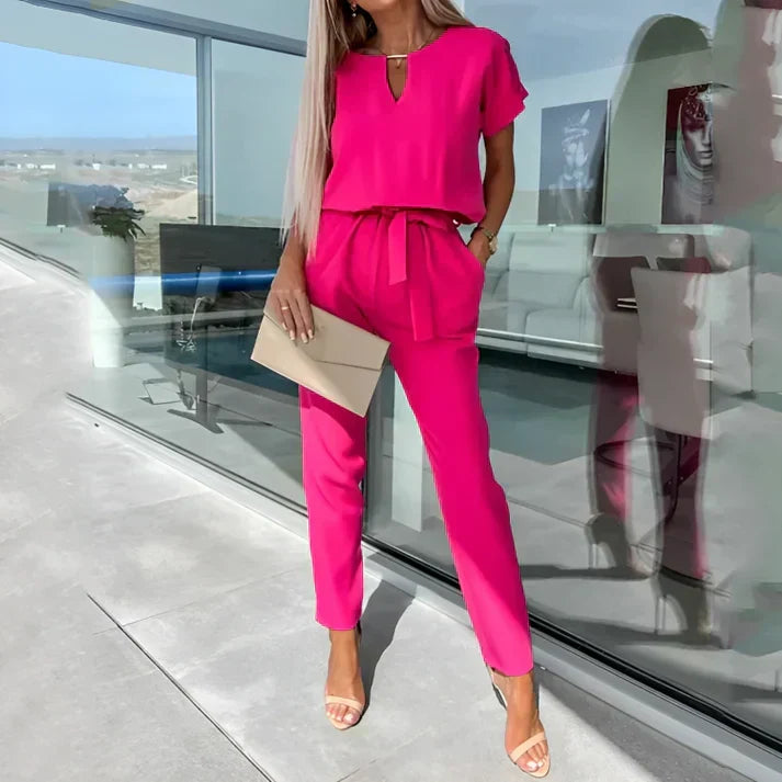 Elodie | Women's Co-Ord Set V-Neck Top & Straight Leg Trousers Tie Waist