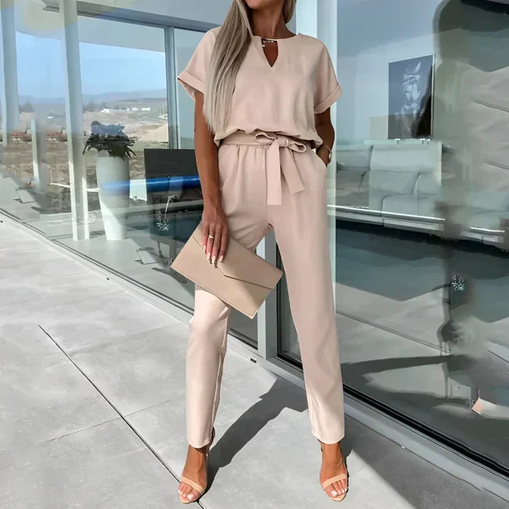 Elodie | Women's Co-Ord Set V-Neck Top & Straight Leg Trousers Tie Waist