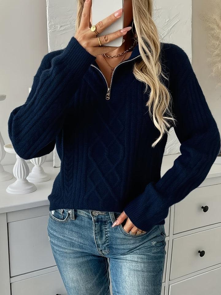 Elodie | Women's Cable Knit Half-Zip Jumper High Collar Fitted