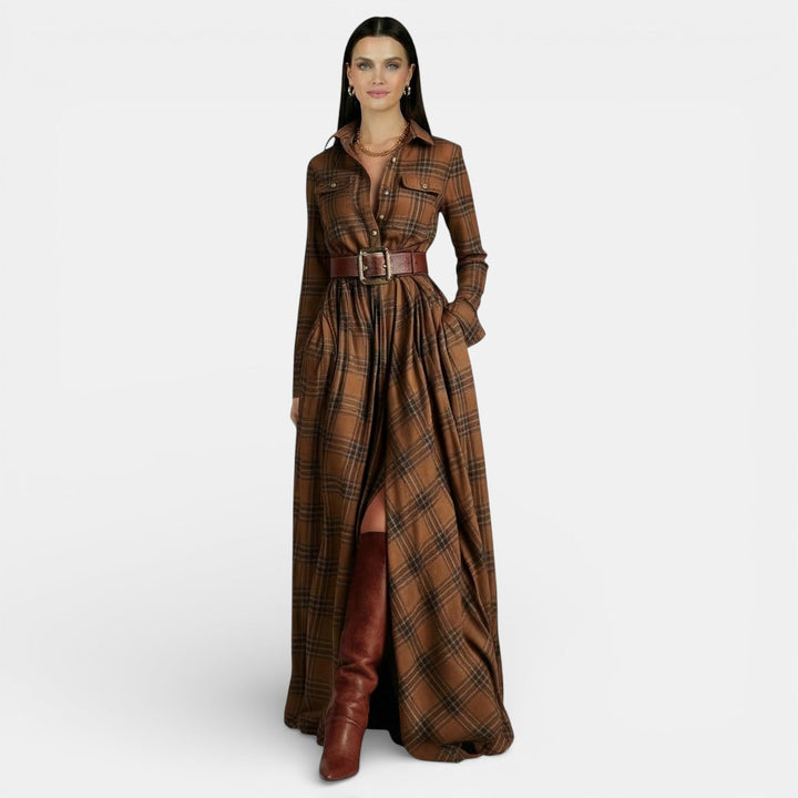Jasmine | Women's Check Maxi Shirt Dress Long Sleeve Belted Waist