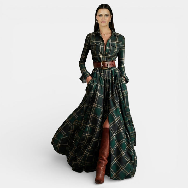 Jasmine | Women's Check Maxi Shirt Dress Long Sleeve Belted Waist