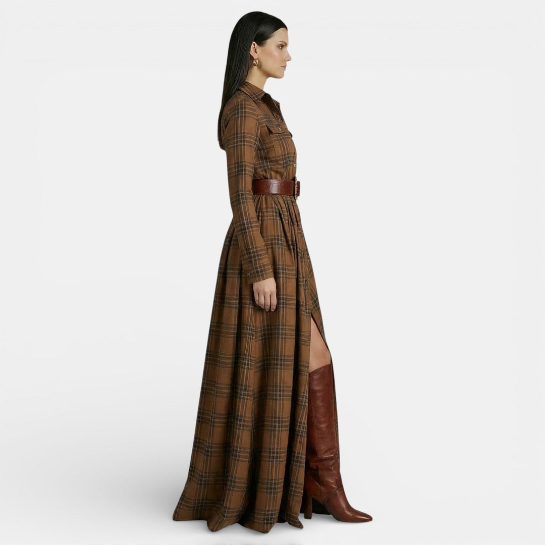 Jasmine | Women's Check Maxi Shirt Dress Long Sleeve Belted Waist