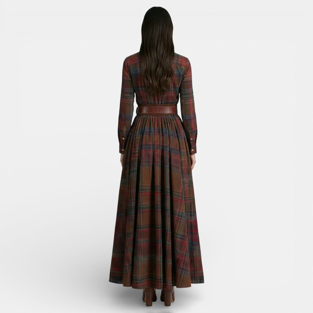 Jasmine | Women's Check Maxi Shirt Dress Long Sleeve Belted Waist