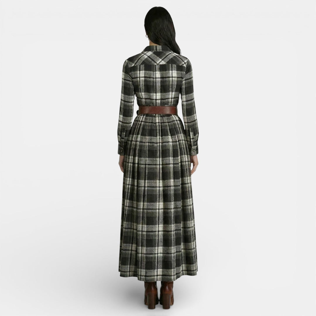 Jasmine | Women's Check Maxi Shirt Dress Long Sleeve Belted Waist