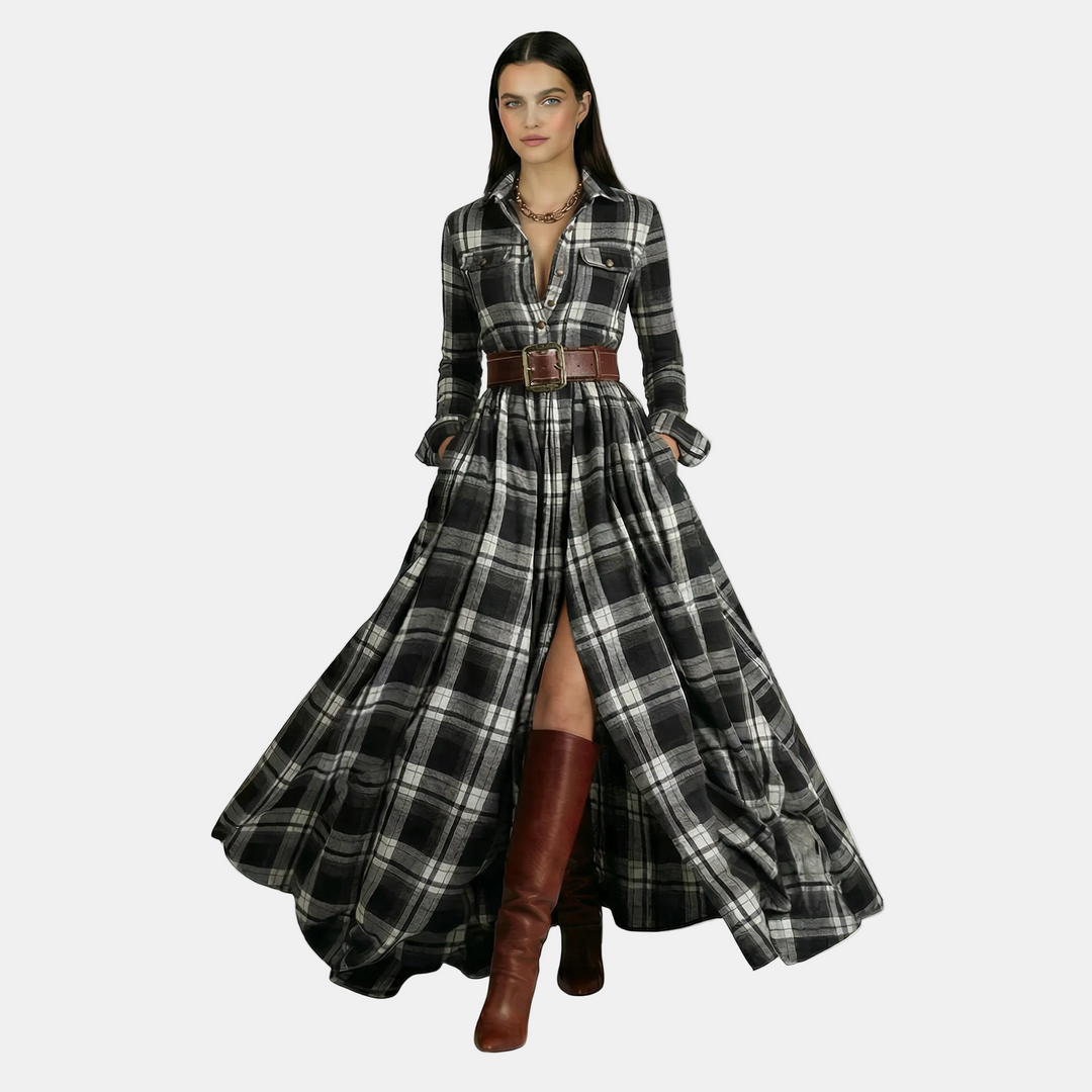 Jasmine | Women's Check Maxi Shirt Dress Long Sleeve Belted Waist
