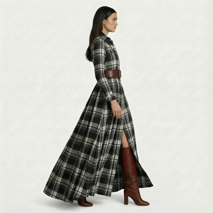 Jasmine | Women's Check Maxi Shirt Dress Long Sleeve Belted Waist