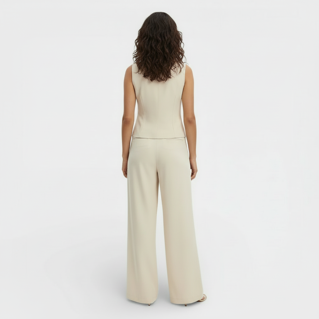 Women's V-neck Buttoned Waistcoat and High-Waisted Wide-Leg Trousers