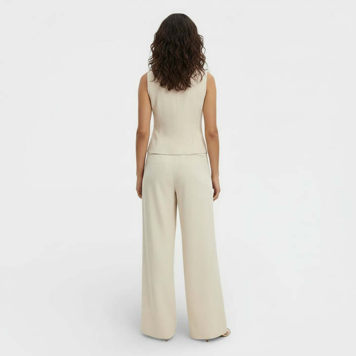 Women's V-neck Buttoned Waistcoat and High-Waisted Wide-Leg Trousers