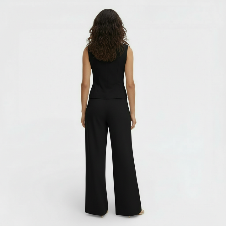 Women's V-neck Buttoned Waistcoat and High-Waisted Wide-Leg Trousers