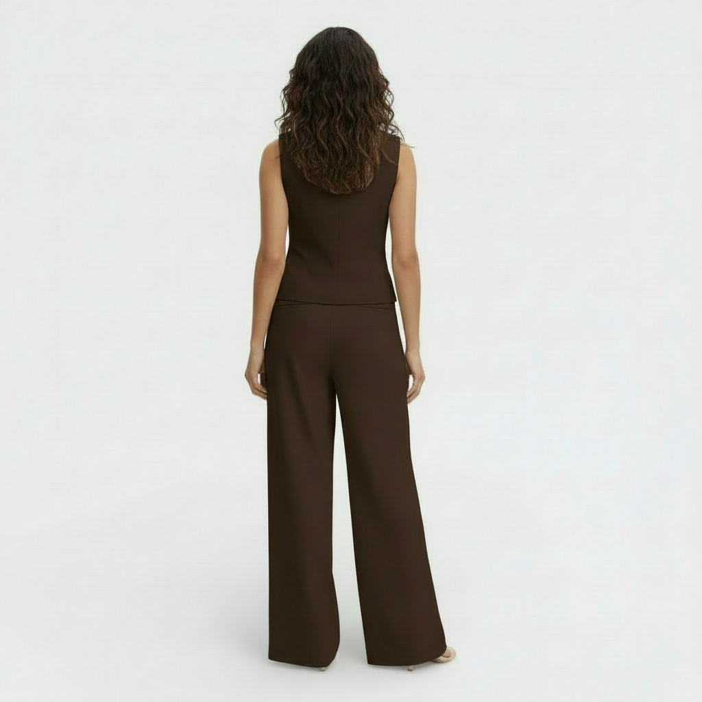 Women's V-neck Buttoned Waistcoat and High-Waisted Wide-Leg Trousers