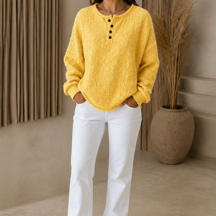 Mila | Women's Chunky Knit Henley Jumper Marl Texture Dropped Shoulder
