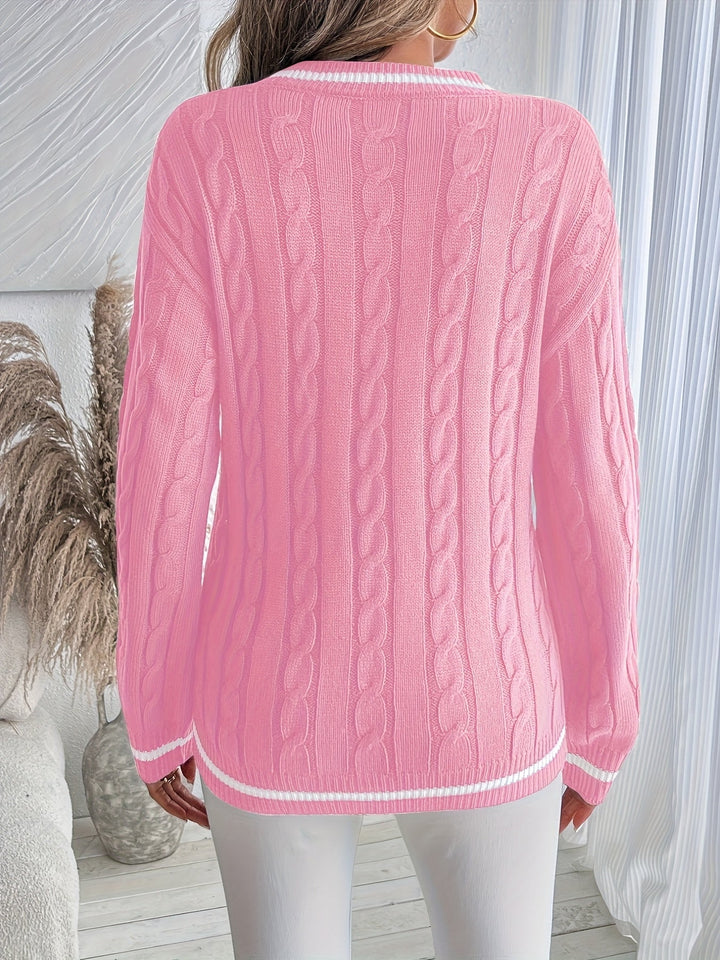Kunigunde | Women's Cable Knit V-Neck Jumper Contrast Trim
