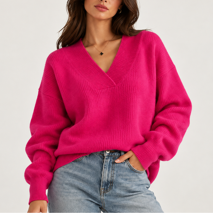 Leah | Women's Oversized Deep V-Neck Knitted Jumper Ribbed Trim