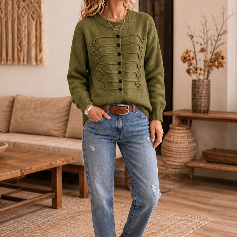 Clara | Women's Wool Knitted Jumper Braided Cord & Button Details