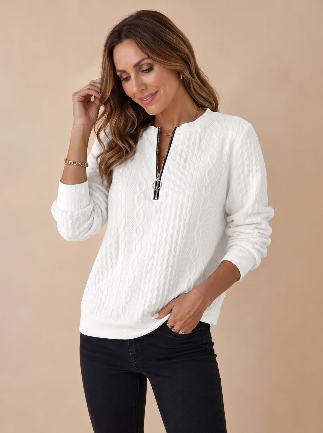 Elfriede | Women's Cable Knit Half-Zip Jumper Relaxed Fit Long Sleeve