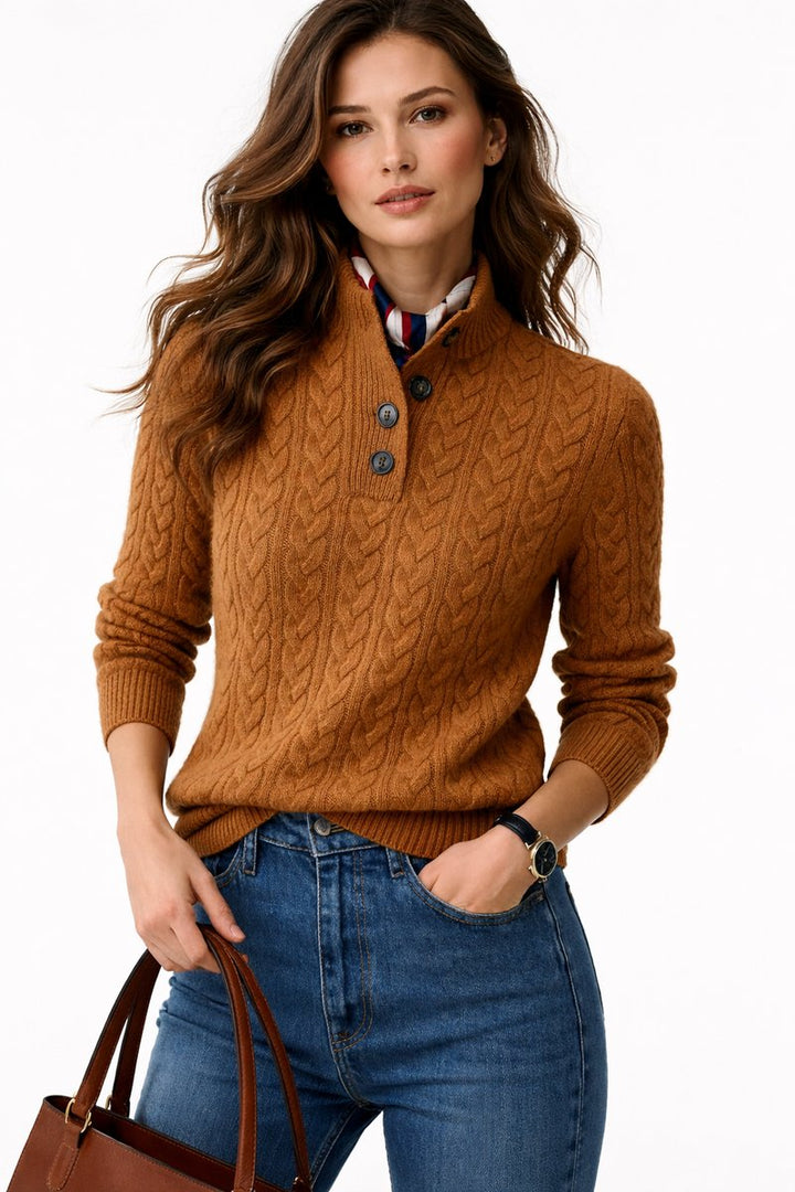 Serena | Women's Cable Knit Jumper Stand Collar Button Placket