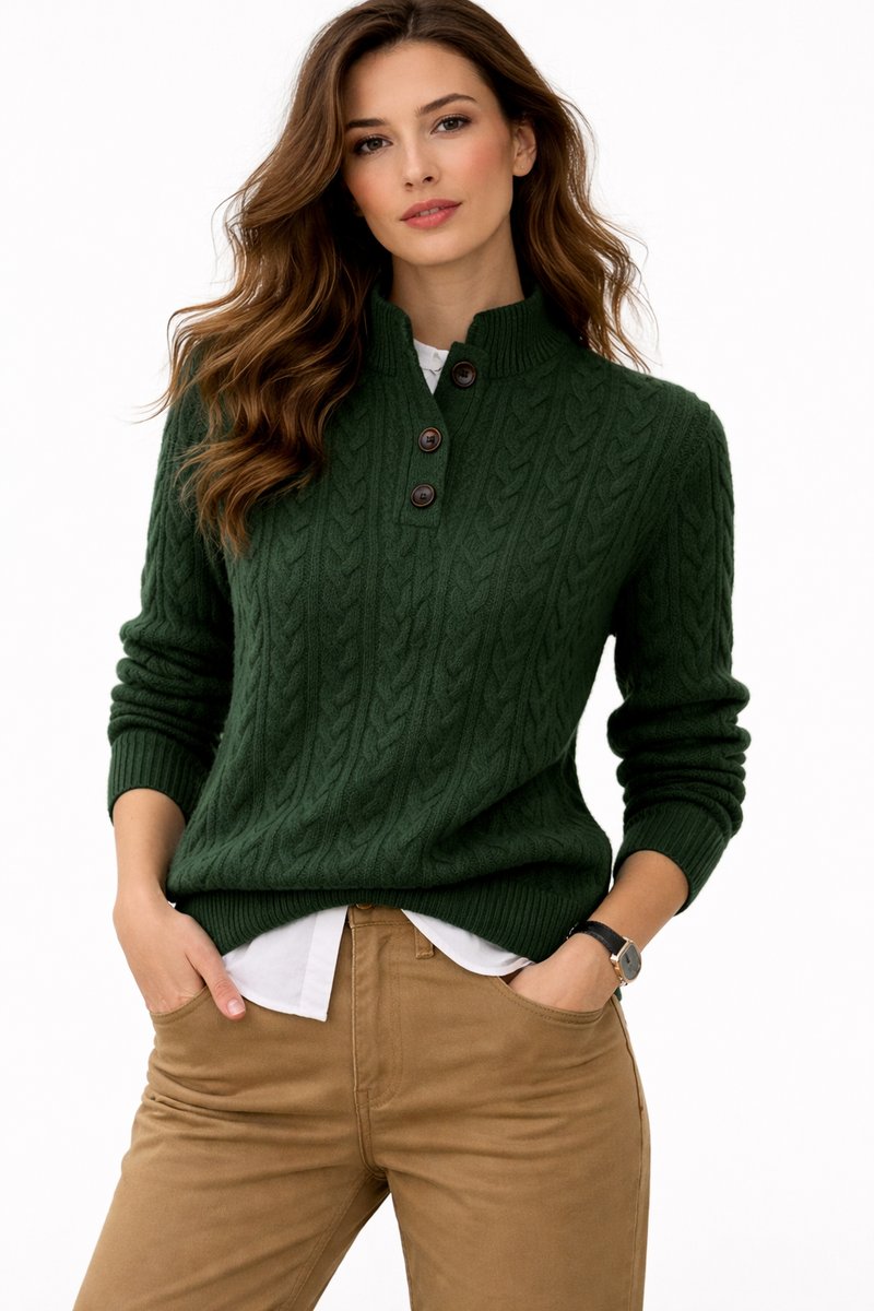Serena | Women's Cable Knit Jumper Stand Collar Button Placket