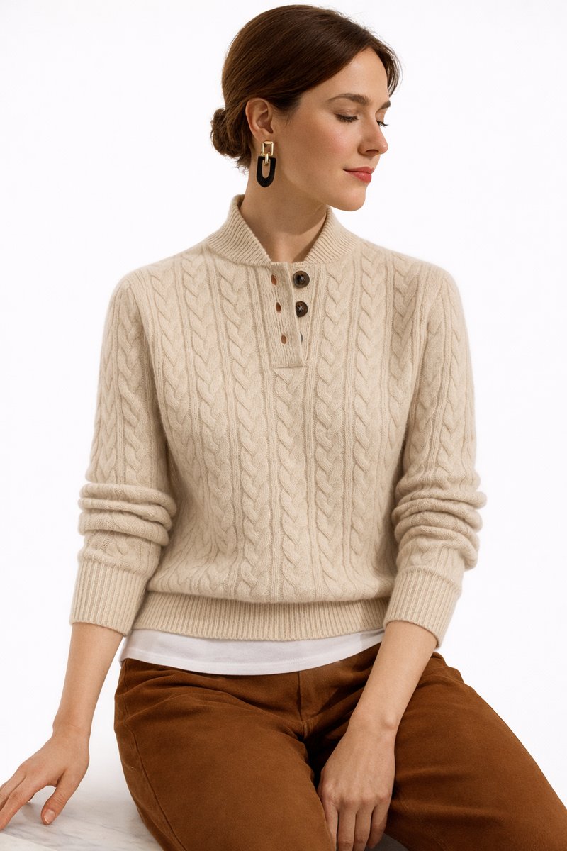 Serena | Women's Cable Knit Jumper Stand Collar Button Placket