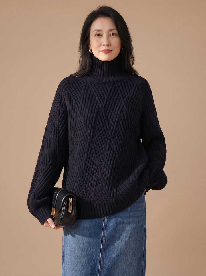 Luisa | Women's Oversized Cable Knit Roll Neck Jumper Cotton Blend