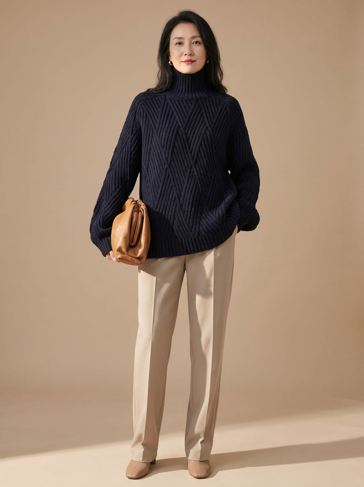 Luisa | Women's Oversized Cable Knit Roll Neck Jumper Cotton Blend
