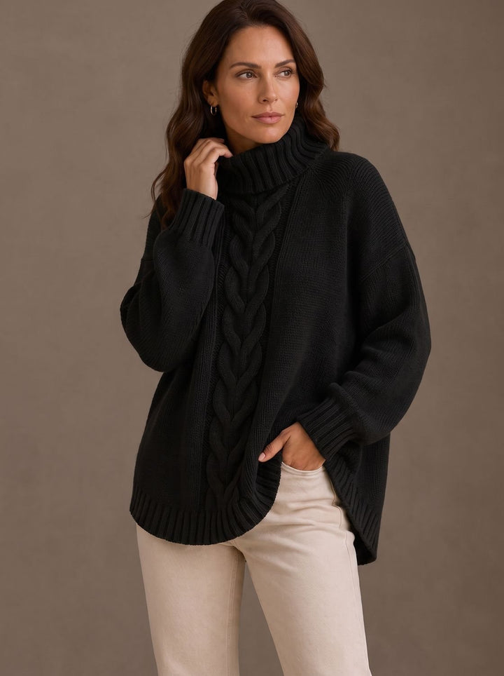 Johanna | Women's Oversized Cable Knit Roll Neck Jumper Side Slits