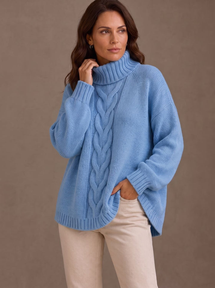 Johanna | Women's Oversized Cable Knit Roll Neck Jumper Side Slits