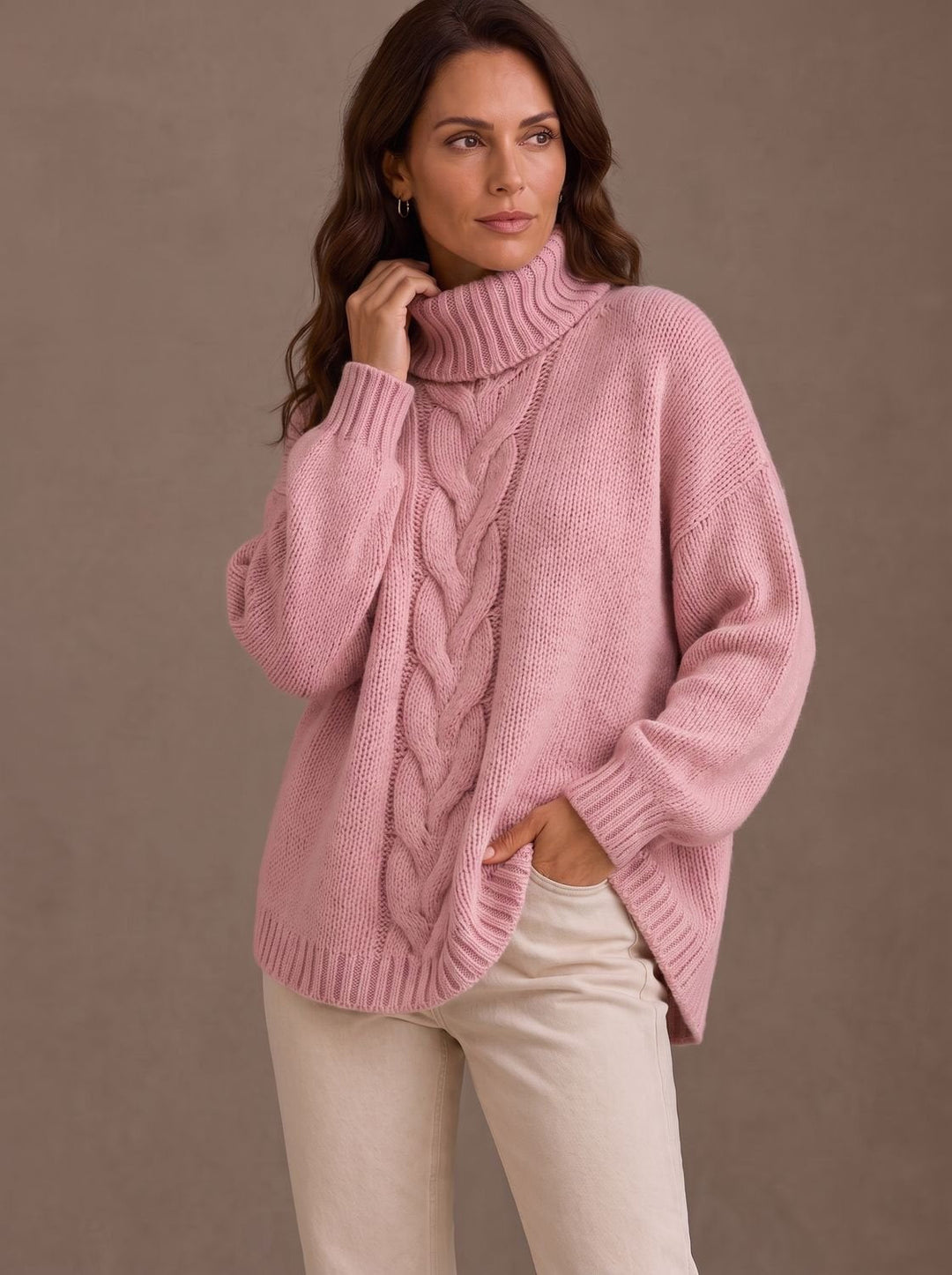 Johanna | Women's Oversized Cable Knit Roll Neck Jumper Side Slits
