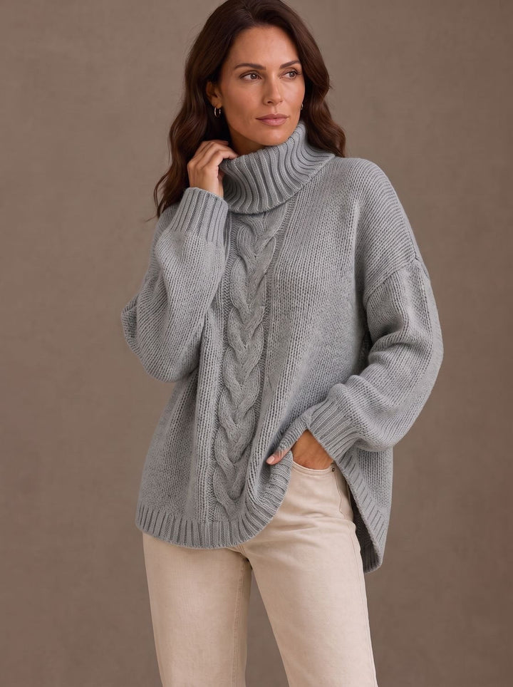 Johanna | Women's Oversized Cable Knit Roll Neck Jumper Side Slits
