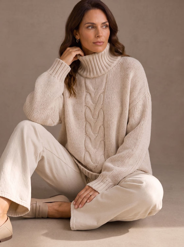 Johanna | Women's Oversized Cable Knit Roll Neck Jumper Side Slits