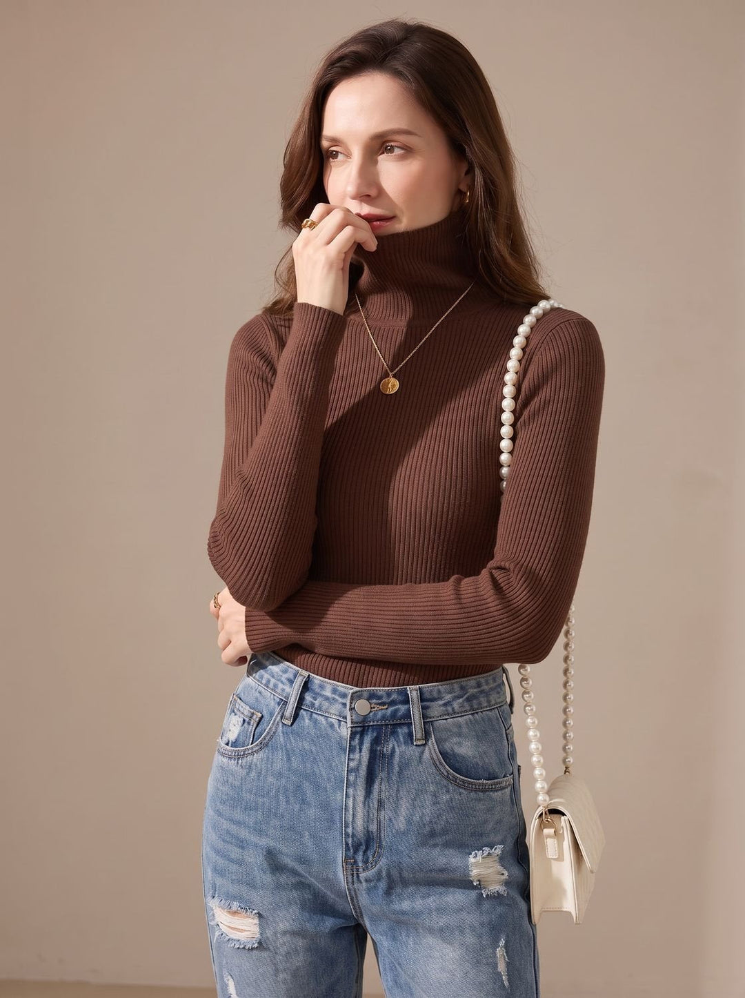 Leonie | Women's Ribbed Roll Neck Jumper Slim Fit Long Sleeve One Size