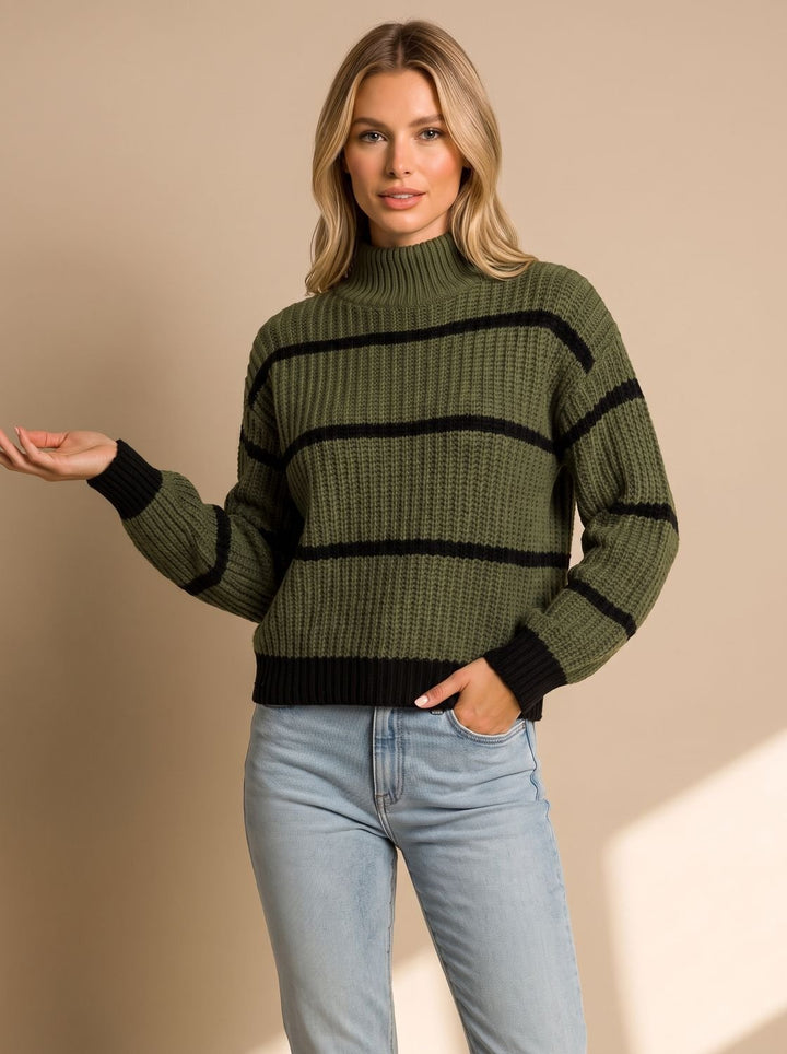 Clara | Women's Striped Roll Neck Knitted Jumper Oversized Rib Knit