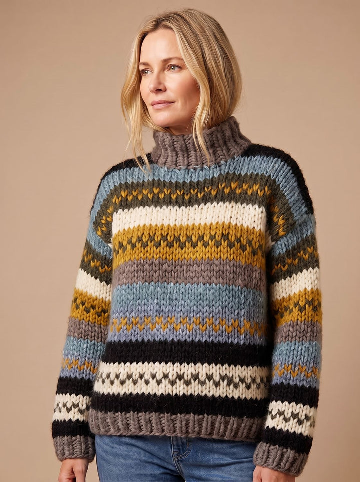 Sophie | Women's Striped Roll Neck Jumper Chunky Knit