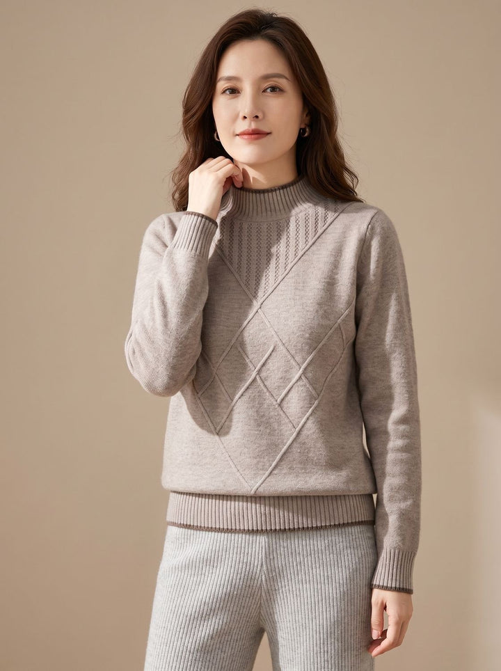 Lena | Women's Mock Neck Knitted Jumper Diamond Pattern Long Sleeve